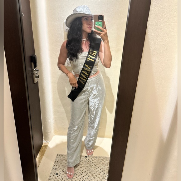 Silver crop top and trousers two piece set - Picture 2 of 2